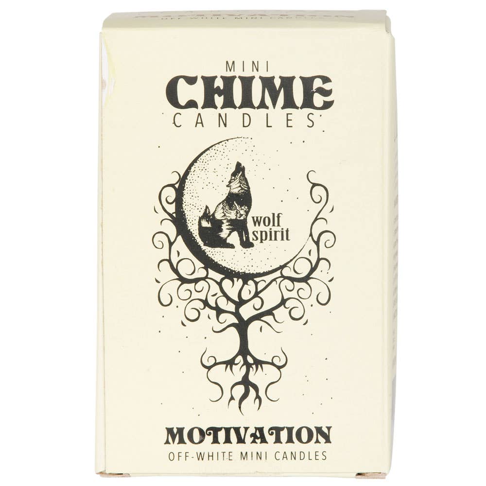 Cream-colored SPIRIT LIGHT CANDLES: MOTIVATION by Benjamin International, Reiki charged and ideal for rituals, feature a black wolf howling at the moon on a swirling tree with "Wolf Spirit" text. Motivation Off-White Mini Candles.