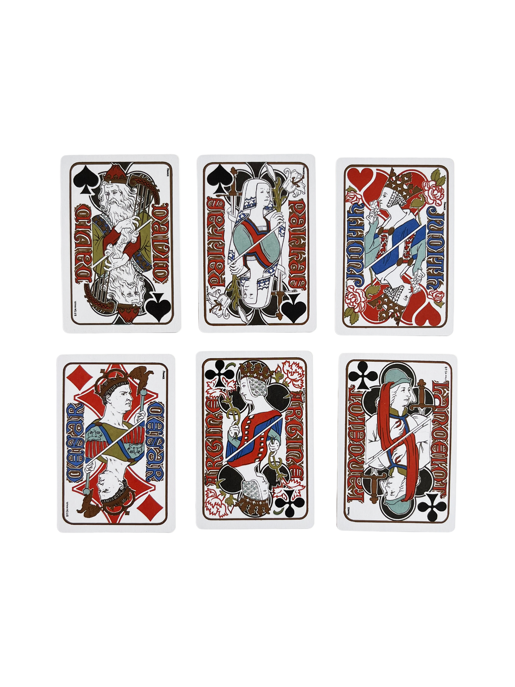 Six G. Quenioux Playing Cards - 1900 Paris Exposition Facsimile by Vieux Monde, arranged in two rows; each features Art Nouveau designs crossed out with bold lines and suit names—spades, clubs, diamonds, hearts—on the sides.