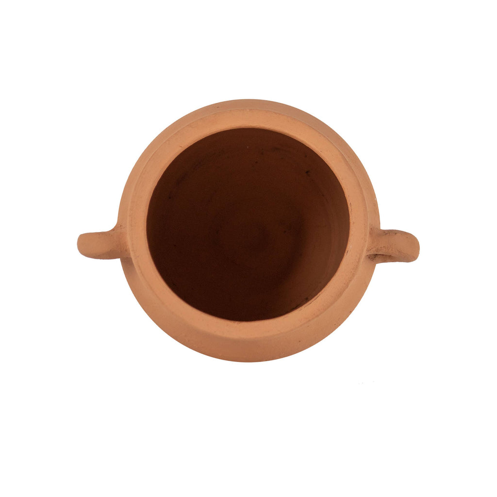 Top view of the Foreside Home & Garden Natural Hand Thrown Terracotta Vase with Handles—a round vase featuring two small side handles, displayed against a white background.