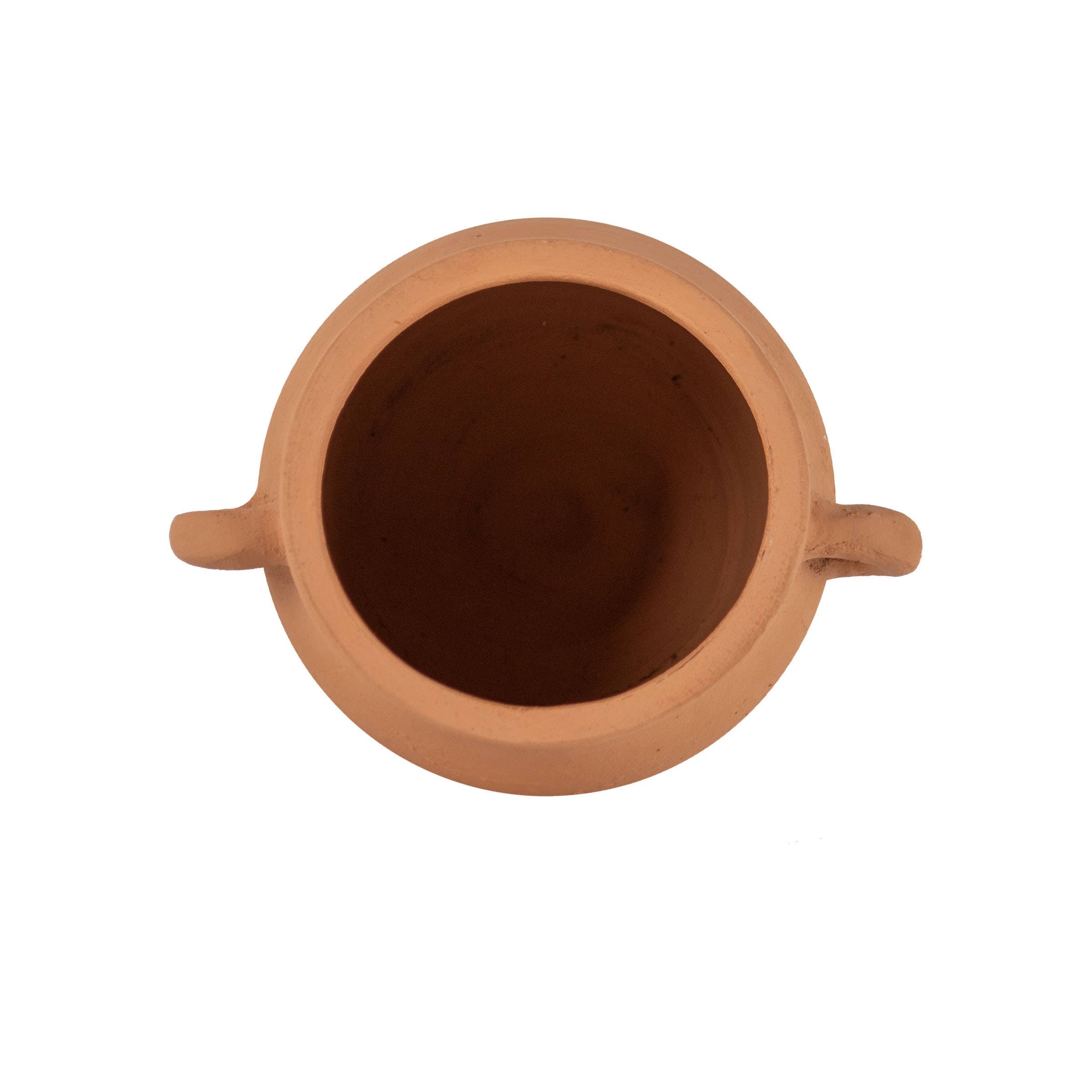 Top view of the Foreside Home & Garden Natural Hand Thrown Terracotta Vase with Handles—a round vase featuring two small side handles, displayed against a white background.