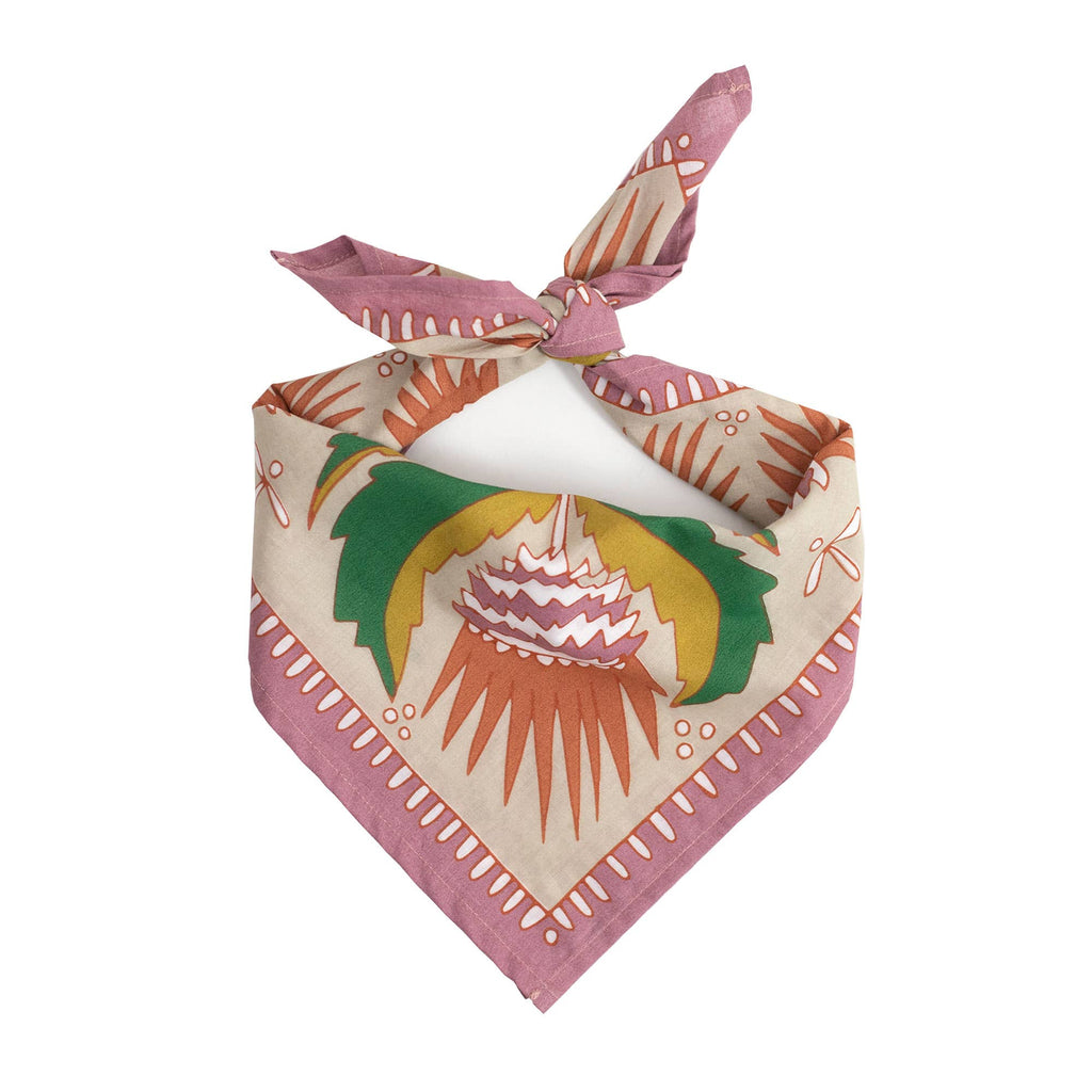 The No. 081 Martha Bandana by Handker Bandanas is a premium square cotton bandana featuring a pink, green, orange, and cream geometric design, tied in a knot and shown against a white background.