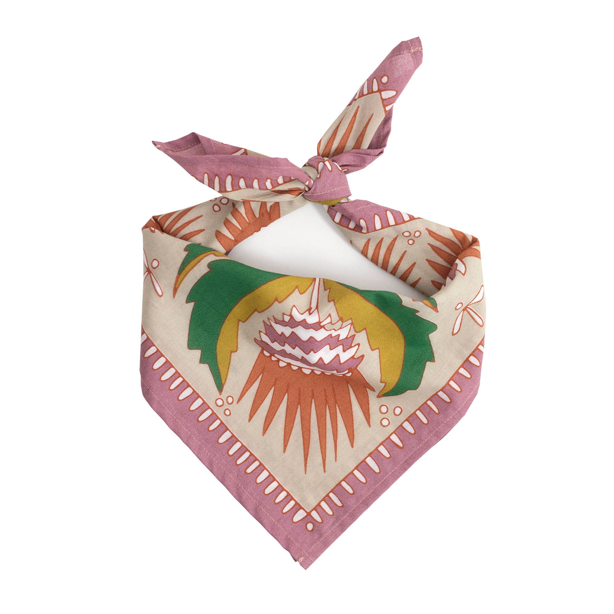The No. 081 Martha Bandana by Handker Bandanas is a premium square cotton bandana featuring a pink, green, orange, and cream geometric design, tied in a knot and shown against a white background.