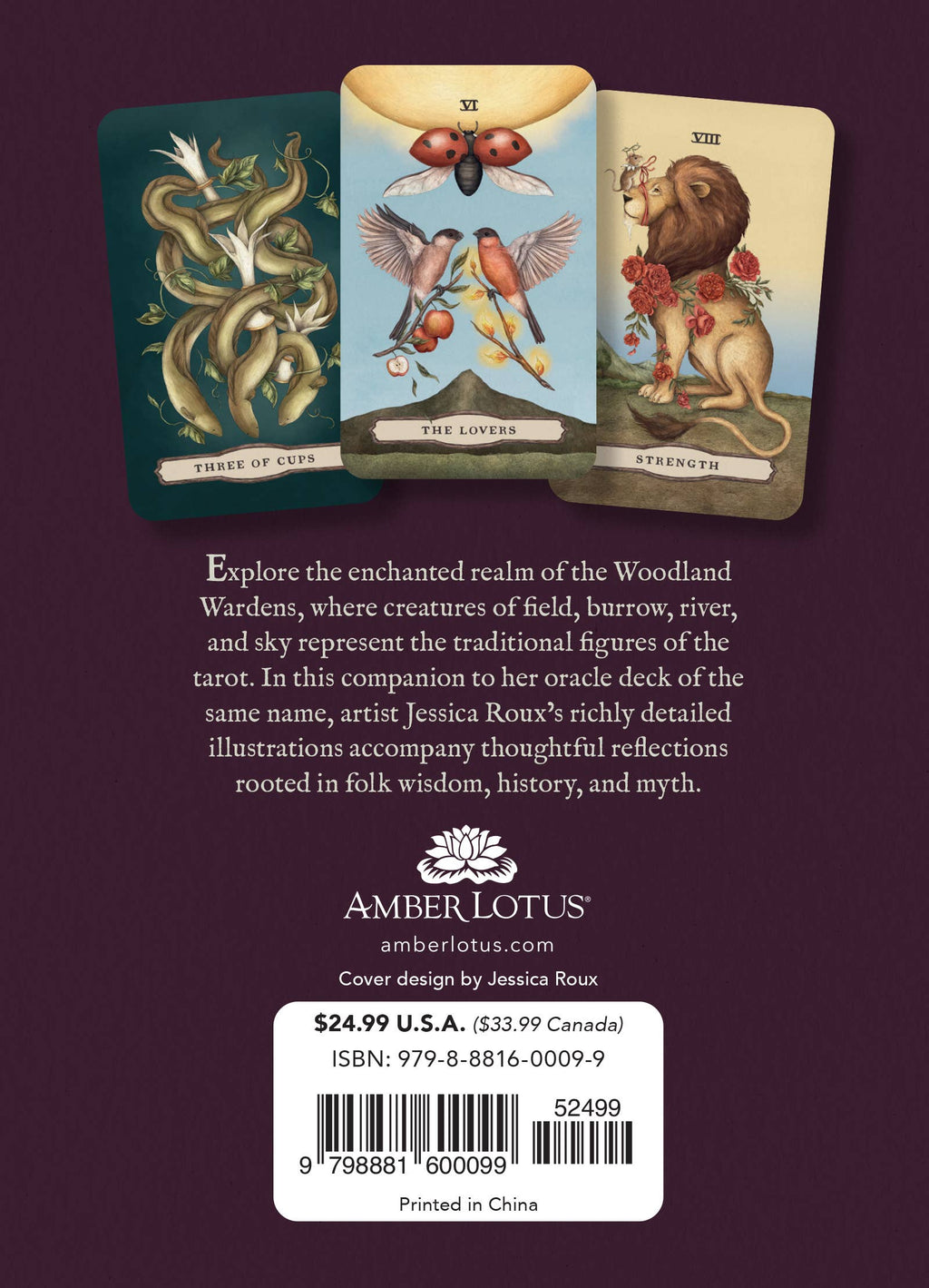 The Three of Cups, The Lovers, and Strength tarot cards are arranged above a description of Tarot of the Woodland Wardens by Jessica Roux—a mixed media deck featuring enchanting, nature-themed artwork—while pricing and publishing details from Simon & Schuster appear below.