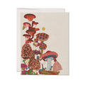The Frog and Fungi greeting card: Single by Red Cap Cards features vibrant mushrooms on a textured beige background, printed in the USA on recycled paper. Includes envelope.