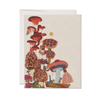 The Frog and Fungi greeting card: Single by Red Cap Cards features vibrant mushrooms on a textured beige background, printed in the USA on recycled paper. Includes envelope.