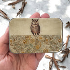 A hand holds the Firefly Notes Owl Notions Tin, a charming container designed like a tiny treasure box—perfect for keepsakes.