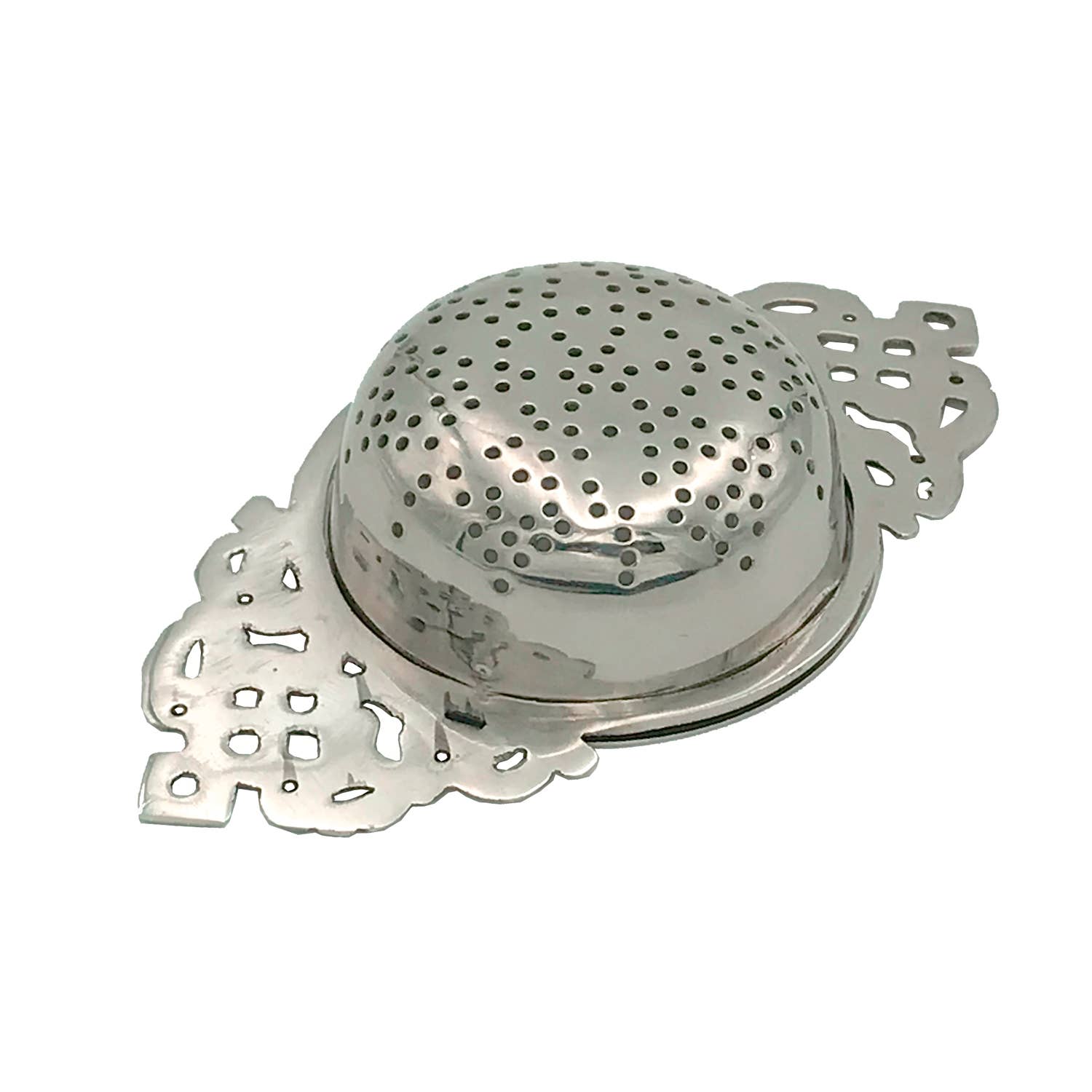 The Madison Bay Co. Nickel Plated Tea Strainer—Antique Vintage Style, 4-1/2”—features a domed perforated center and decorative side handles, designed to rest over your cup.