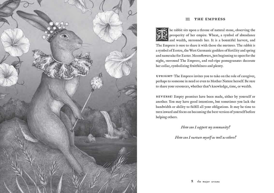 A crowned rabbit sits regally on a throne amid flowers and wheat in a field, holding a scepter. This grayscale illustration, inspired by Jessica Roux’s enchanting style, is featured in Tarot of the Woodland Wardens by Jessica Roux (Simon & Schuster). Accompanied by text about The Empress tarot card on the right page, it perfectly captures the nature-themed magic of this mixed media tarot deck (224 pages, English).