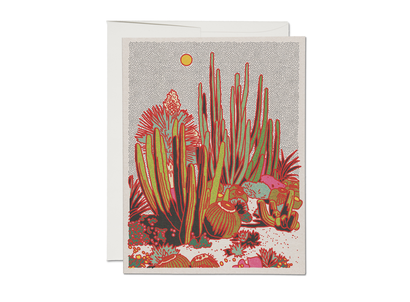 The Cactus Scene everyday greeting card by Red Cap Cards features colorful cacti and desert plants under a yellow sun, printed on heavyweight cardstock. Includes a white envelope. Perfect for any occasion.