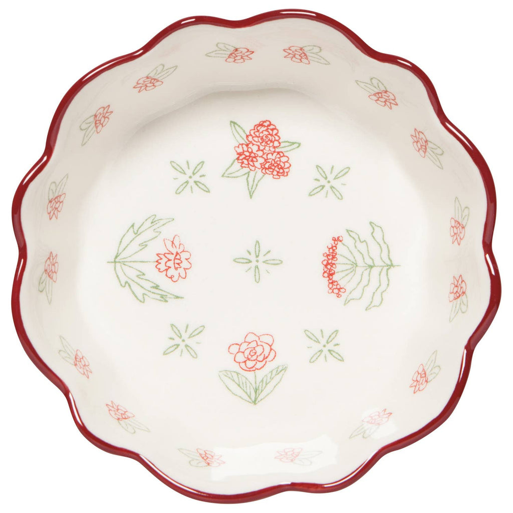 The Camellia Bowl Medium 5.75 inch by Danica Heirloom features white stoneware with a wavy red rim and red and green floral and leaf designs—perfect for rustic farmhouse style.