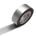 A roll of mt masking tape (Sweet Bella) in High Brightness silver, shown with a strip of the metallic tape extended outward.
