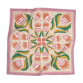 The No. 081 Martha Bandana by Handker Bandanas is a premium cotton square scarf with a pink border, featuring a symmetrical screen-printed floral and leaf design in soft hues radiating from the center.