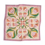 The No. 081 Martha Bandana by Handker Bandanas is a premium cotton square scarf with a pink border, featuring a symmetrical screen-printed floral and leaf design in soft hues radiating from the center.