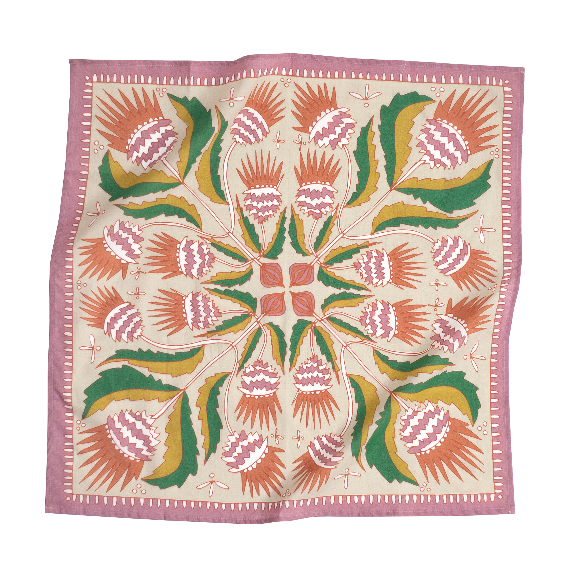 The No. 081 Martha Bandana by Handker Bandanas is a premium cotton square scarf with a pink border, featuring a symmetrical screen-printed floral and leaf design in soft hues radiating from the center.