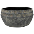 The HomArt Yara Low Planter, Cement - Lrg features a round, wide-mouthed design in dark gray cement with a ribbed upper exterior and matte finish—ideal for rustic garden decor.