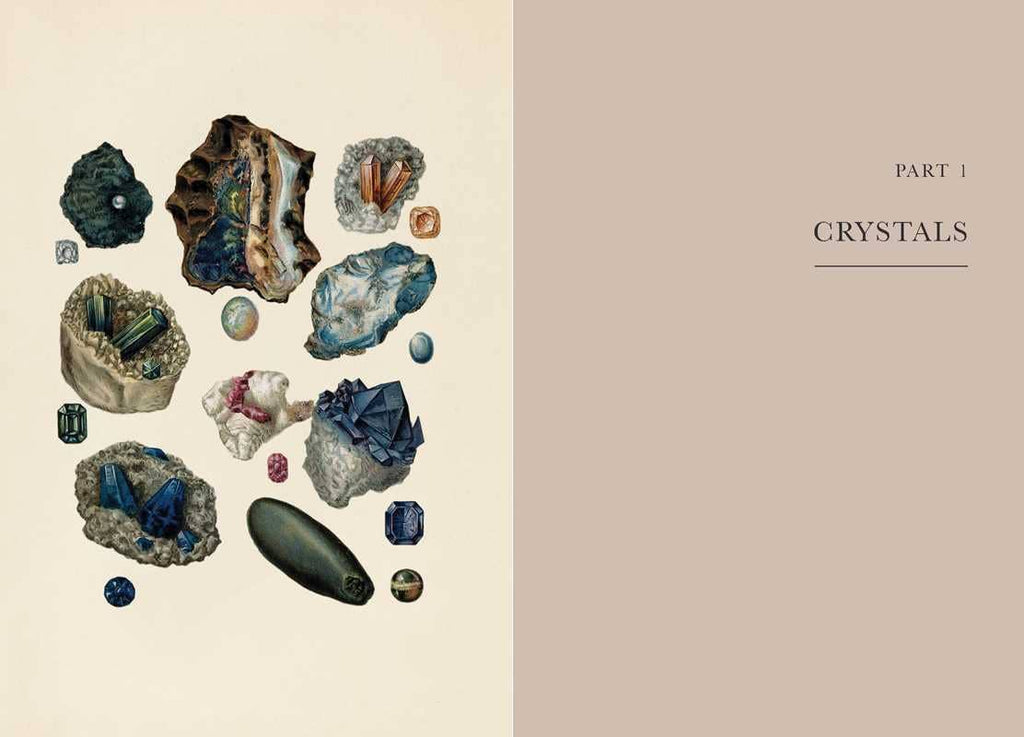 On the left, vibrant crystal and mineral illustrations evoke magical themes; on the right, a neutral beige background displays "Part 1 Crystals"—from A Practical Guide to Magic in Nature by Jessica Lahoud (Simon & Schuster, Hardcover, 256 pages).