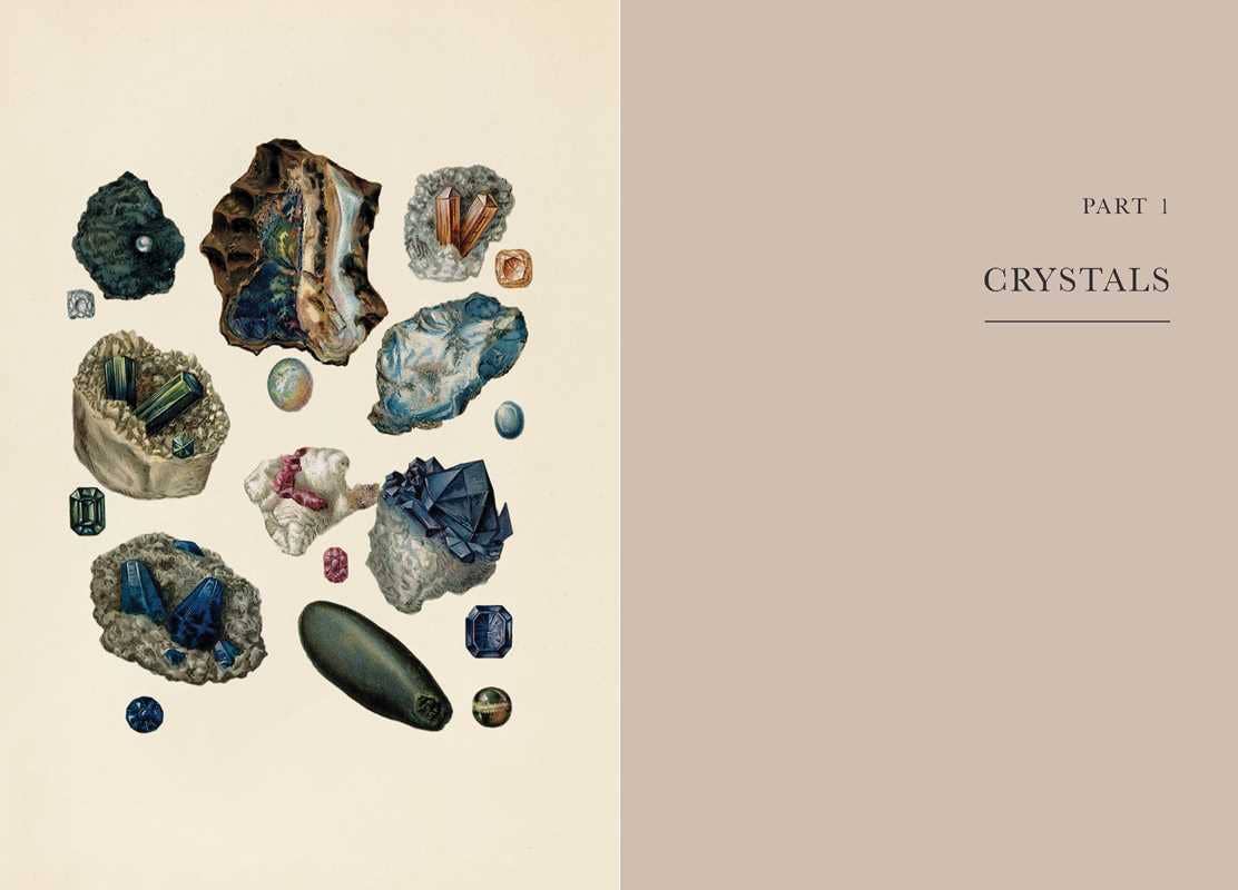On the left, vibrant crystal and mineral illustrations evoke magical themes; on the right, a neutral beige background displays "Part 1 Crystals"—from A Practical Guide to Magic in Nature by Jessica Lahoud (Simon & Schuster, Hardcover, 256 pages).