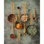 Four Zest Enameled Steel Measuring Cups Set of 4 by Danica Heirloom, filled with spices and legumes, are arranged on a rustic green wooden surface.