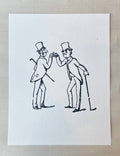 The Fellas Dancing Art Print by Parcel features two men in vintage suits and top hats, greeting each other with knuckle touches. Printed on heavyweight paper, it's perfect wall art for framing at 8 1/2 x 11 inches.
