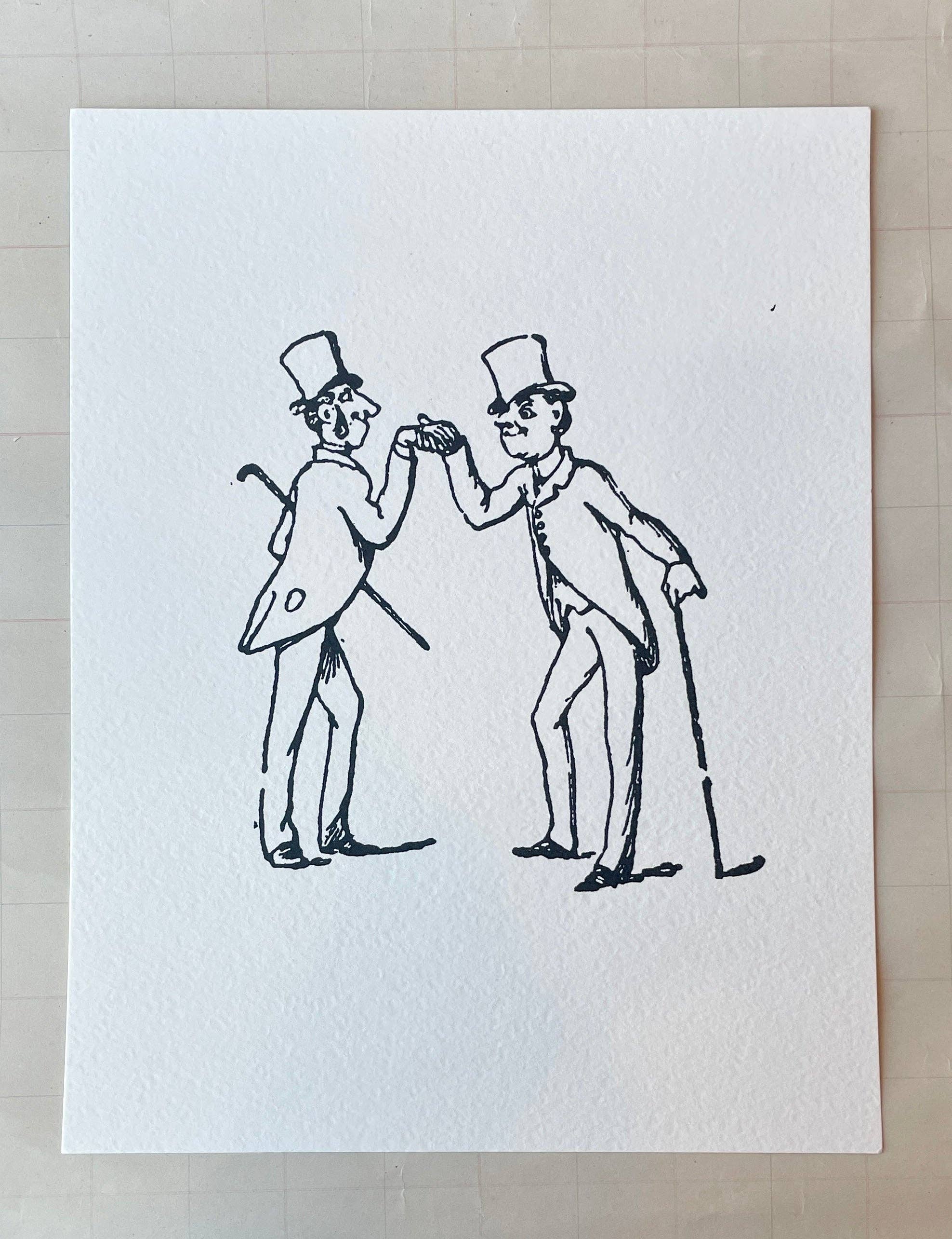 The Fellas Dancing Art Print by Parcel features two men in vintage suits and top hats, greeting each other with knuckle touches. Printed on heavyweight paper, it's perfect wall art for framing at 8 1/2 x 11 inches.