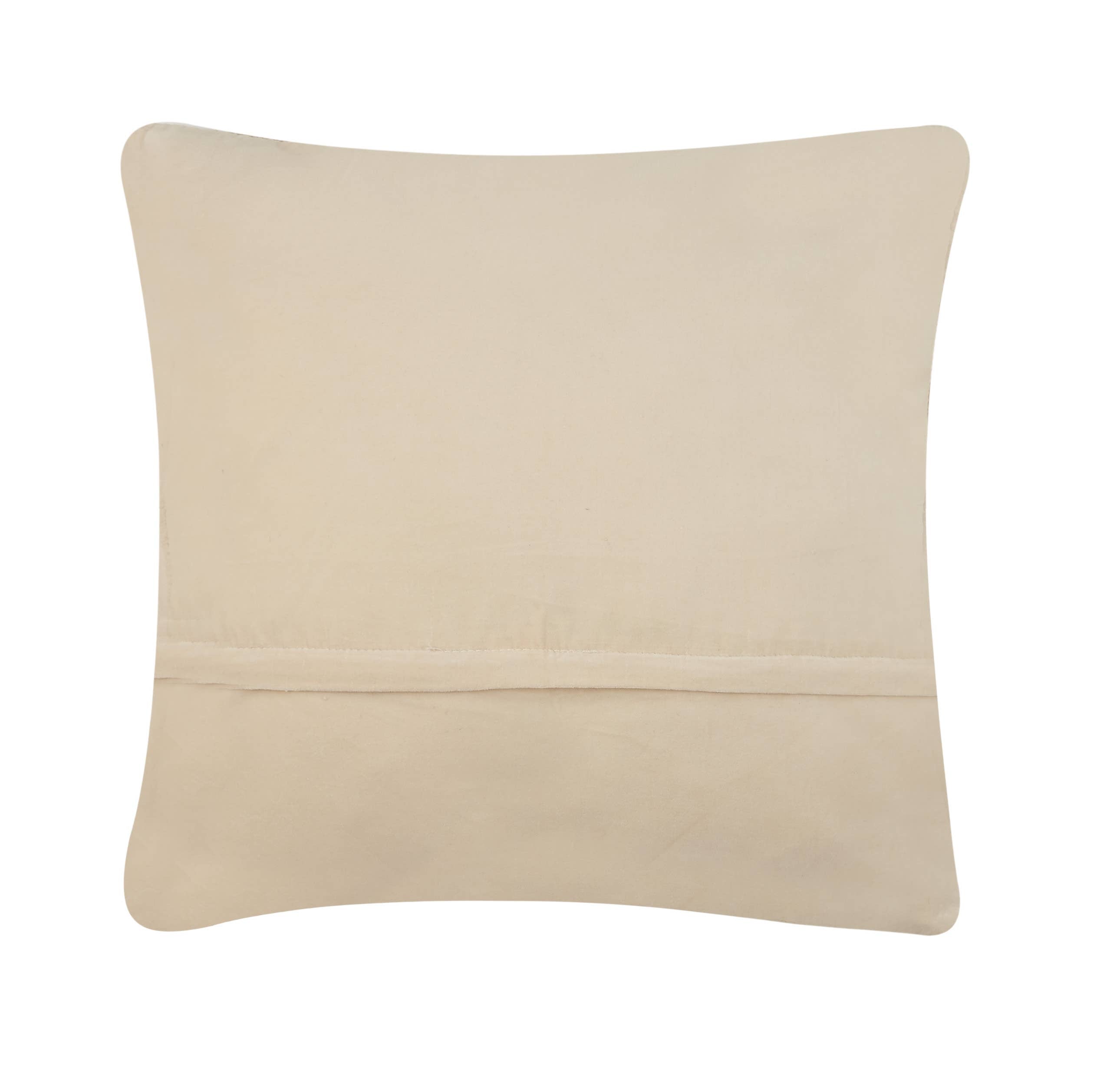 The Snail's Pace w/Pom Pom Eyes Hook Pillow by Elizabeth Olwen for Peking Handicraft is a square beige pillow with a visible horizontal seam on the back, shown against a plain white background.