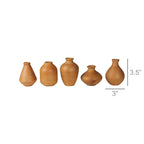 The HomArt Tiny Terra Cotta Vases – Set of 5 showcases five small, brown vessels in assorted shapes. The tallest vase is 3.5" high by 3" wide, ideal for displaying small dried buds against a simple white backdrop.