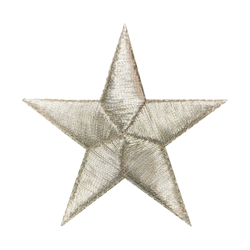 A Metallic Silver Stars iron-on patch (2.38") by Wholesale Applique, featuring a shiny, textured five-pointed star design on a plain white background.