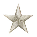 A Metallic Silver Stars iron-on patch (2.38") by Wholesale Applique, featuring a shiny, textured five-pointed star design on a plain white background.