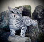 The Wholesale Applique Gray Tabby Cat Iron on Patch, featuring a green-eyed kitten design, is pictured atop rough multicolored stones with a blurred white background—perfect for adding charm to any fabric project.