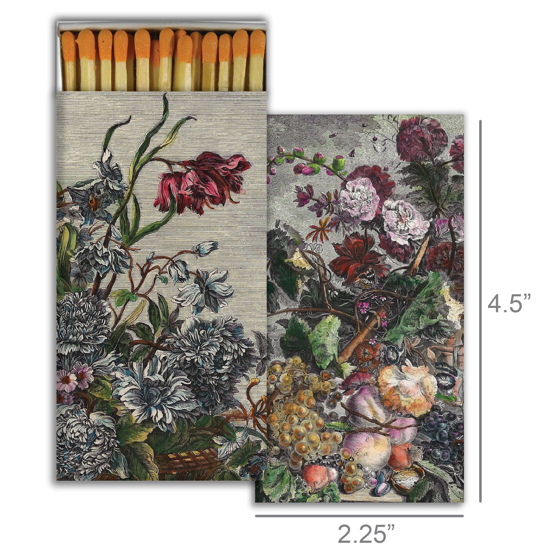 The HomArt Match - French Floral features a floral and fruit illustration on the cover, with safety matches inside. Measuring 4.5" tall by 2.25" wide, it's a stylish addition to your match box or graphic decor collection.