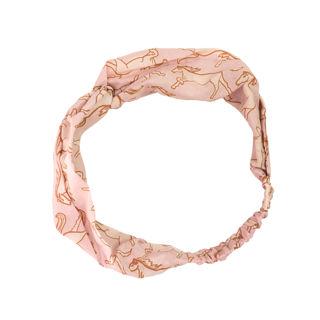 The Horses Cotton Headband by Handker Bandanas is a pink cotton headband with an abstract brown line pattern inspired by Pink Mist Horses and features an elastic band at the back.