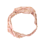 The Horses Cotton Headband by Handker Bandanas is a pink cotton headband with an abstract brown line pattern inspired by Pink Mist Horses and features an elastic band at the back.