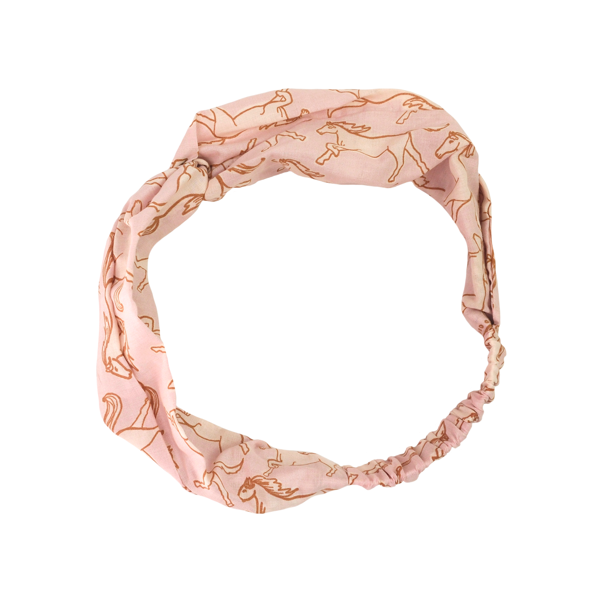 The Horses Cotton Headband by Handker Bandanas is a pink cotton headband with an abstract brown line pattern inspired by Pink Mist Horses and features an elastic band at the back.