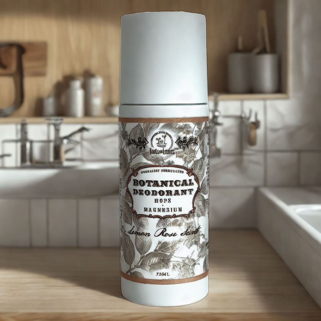 A bottle of Roots And Leaves Botanical Magnesium Deodorant sits on a kitchen counter with a tiled backsplash, sink, and utensils in the background. The label displays botanical illustrations.