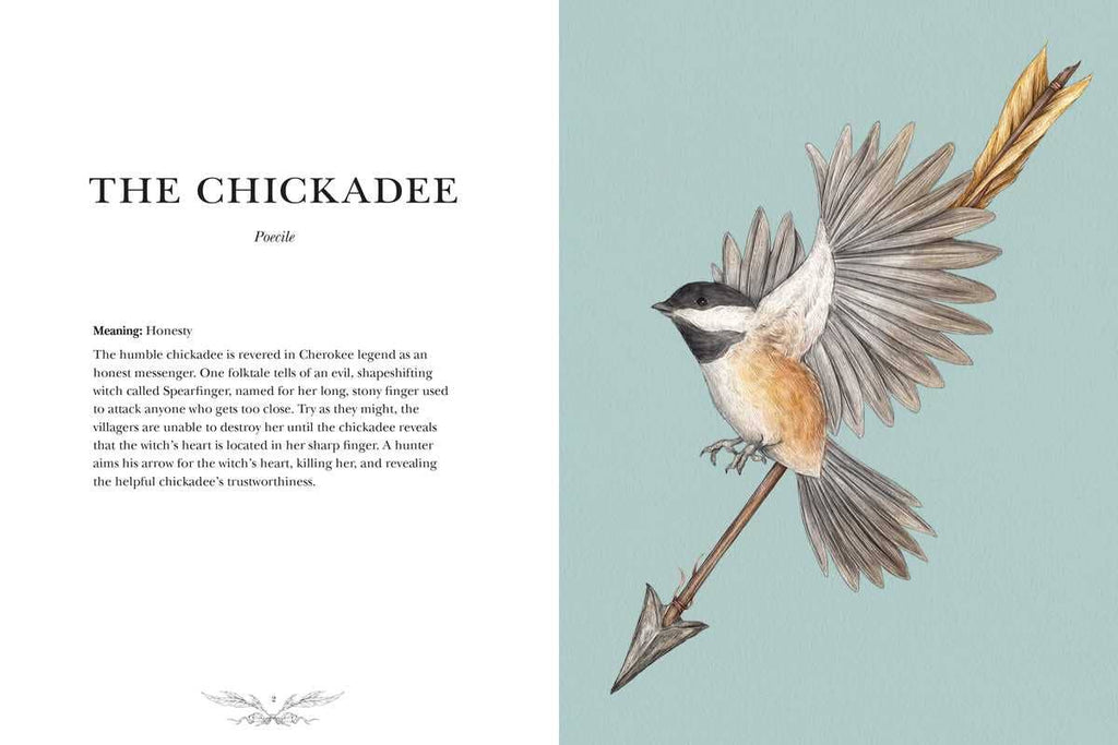 An illustration from Ornithography by Jessica Roux (Simon & Schuster, Hardcover, 224 pages) depicts a chickadee on a large arrow, while nearby text explores bird folklore and the chickadee’s meaning—honesty and trust—in Cherokee legend.