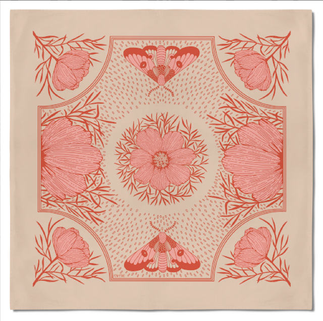 The Pink Cosmos Bandana by Pen+Pine is a square beige cotton accessory featuring intricate pink flower line art and symmetrical moth designs, silk screened for an eco-friendly, decorative pattern.