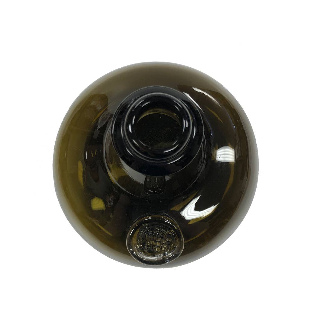 Top view of the Hand-Blown Dark Green 76-oz. Onion Bottle (8”) by Madison Bay Co.—a round, antique reproduction with a short neck, slightly raised seal near the base, and glossy surface reflecting light.