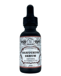 A 30ml dropper bottle labeled Roots And Leaves Bakuchiol Serum - All Natural Retinol Alternative, herbalist formulated with a black cap and white label featuring botanical illustrations.