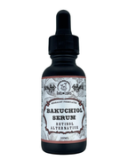 A 30ml dropper bottle labeled Roots And Leaves Bakuchiol Serum - All Natural Retinol Alternative, herbalist formulated with a black cap and white label featuring botanical illustrations.