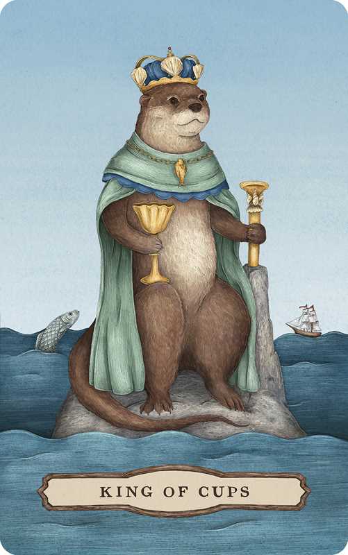 A crowned otter in a blue cloak stands on a rock, holding a golden cup and scepter, while a fish leaps from the water and a ship sails beyond—an enchanting scene inspired by Jessica Roux’s nature-themed tarot style. Featured as the King of Cups in Tarot of the Woodland Wardens by Jessica Roux (Simon & Schuster; Mixed Media; 224 pages / English), this regal illustration beautifully embodies the deck’s woodland charm.