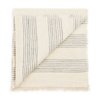 A folded, artisan-made Variously Silica Rose Throw in a salmon rose hue, featuring thin horizontal gray stripes and fringed edges, is shown with one corner flipped to reveal the underside.