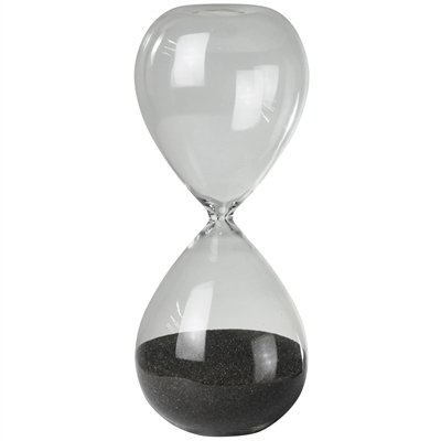 The HomArt Hour Glass - 5 minutes features clear glass and grey sand mostly in the bottom half, isolated on a white background.
