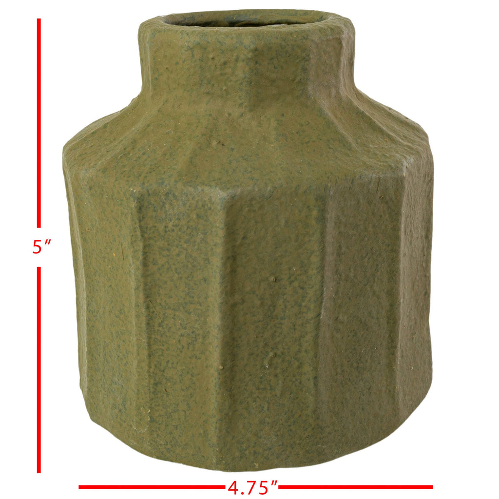 The Foreside Home & Garden Matte Green Ceramic Vase features a ribbed texture, narrow opening, and flared base. Red lines show its 5-inch height and 4.75-inch base width, emphasizing the vase’s elegant stoneware design.