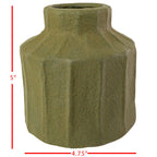 The Foreside Home & Garden Matte Green Ceramic Vase features a ribbed texture, narrow opening, and flared base. Red lines show its 5-inch height and 4.75-inch base width, emphasizing the vase’s elegant stoneware design.