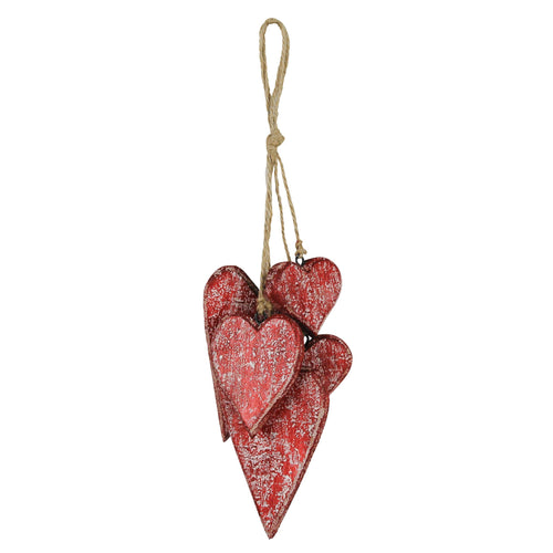 HomArt's Bunch of Hearts, Wood features three rustic red wooden heart shapes hanging together by twine, each with a distressed finish for charming heart decor.