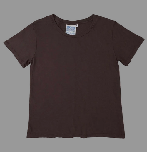 Brown t-shirt with a tag on a white background