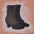 Common Sense" by Thyne Goods depicts vintage black buttoned boots with low heels on a textured peach background with subtle geometric patterns, painted in acrylic on birch panel.