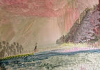 Ether" by Thyne Goods is a watercolor landscape by Brooklyn artist Carrie Peterson, depicting a blue river, small trees, a lone bird, and tall hills under a striking pink and gray sky—an original painting evoking tranquil beauty.