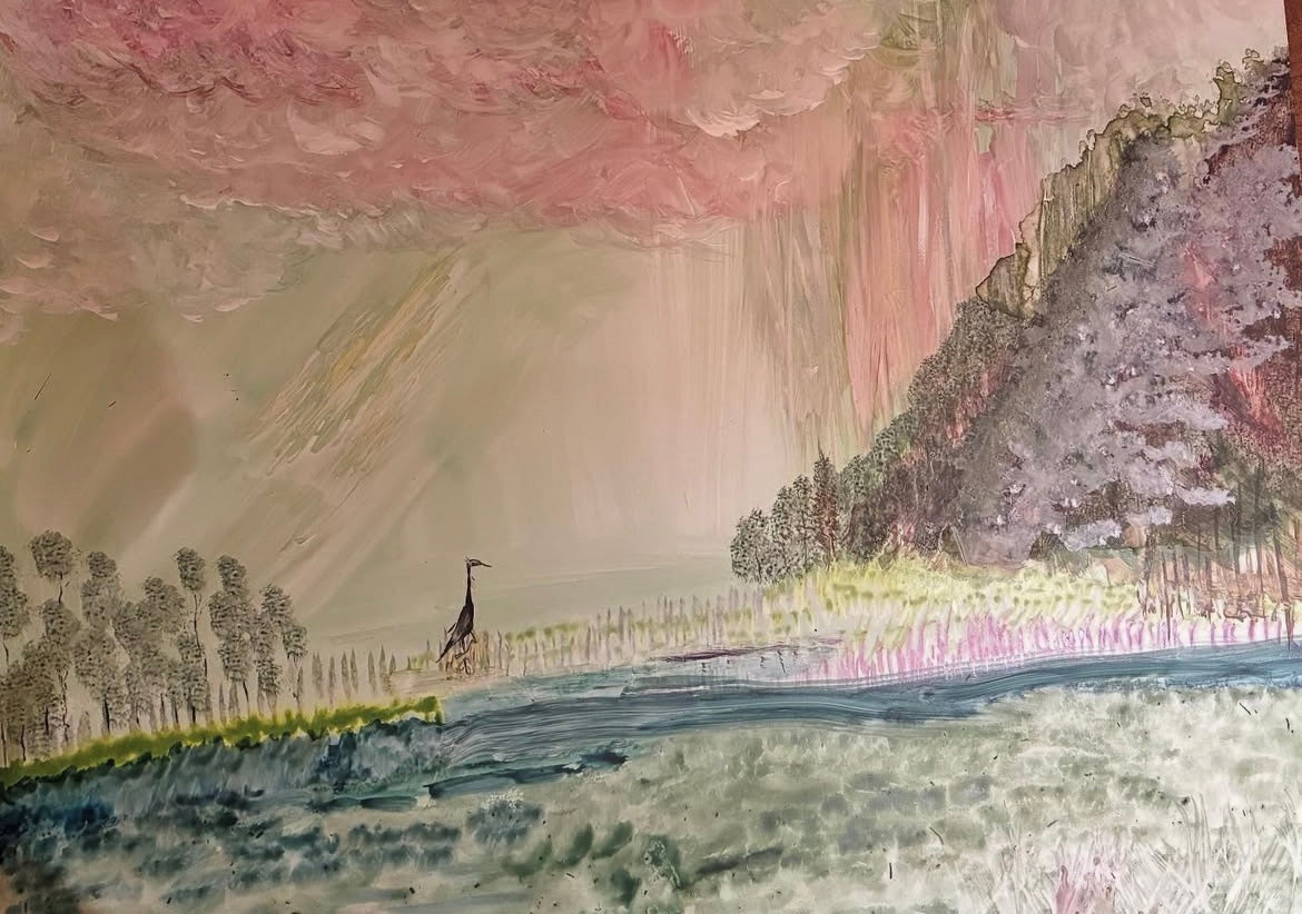 Ether" by Thyne Goods is a watercolor landscape by Brooklyn artist Carrie Peterson, depicting a blue river, small trees, a lone bird, and tall hills under a striking pink and gray sky—an original painting evoking tranquil beauty.