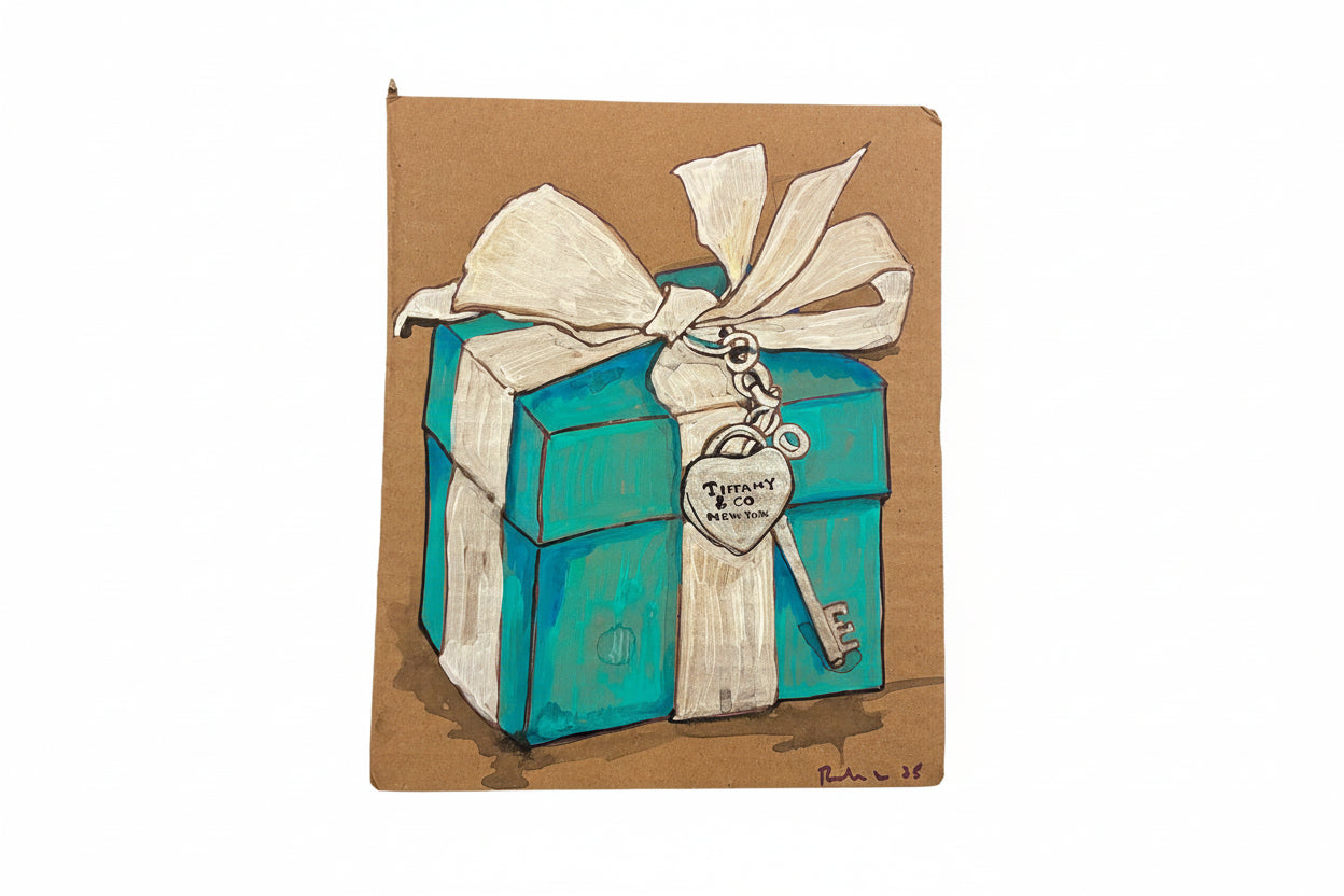 An illustration of a blue gift box with a white ribbon and bow, adorned with a silver key and heart tag reading "Tiffany & Co. Return to." Inspired by Rachel Nelson art. Product: Rachel Nelson • Tiffany by Thyne Goods. Plain white background.